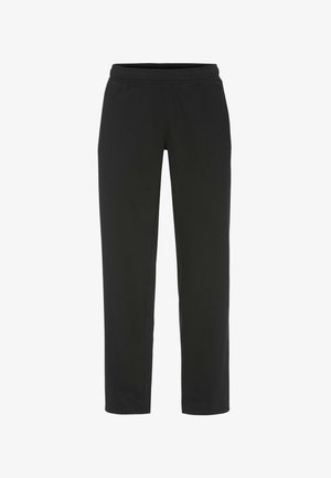 Black athletic pants made of soft, stretchy fabric. Features an elastic waistband and straight leg design, suitable for active wear.