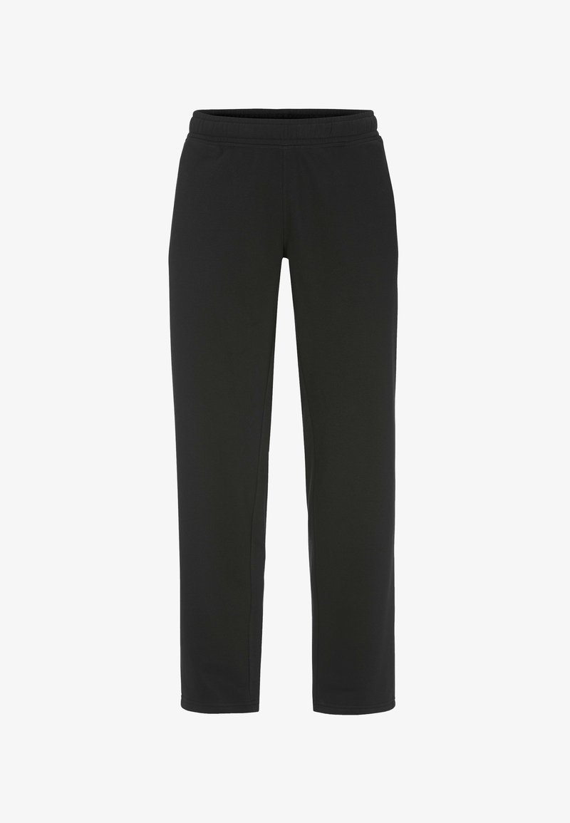 Schwarze Sporthosen aus weichem, elastischem Material. Sie haben einen elastischen Bund und ein gerades Bein, ideal für aktive Kleidung.
