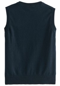 Maglione senza maniche in cotone blu scuro, con scollatura e orlo a coste, texture liscia, design semplice e senza decorazioni.