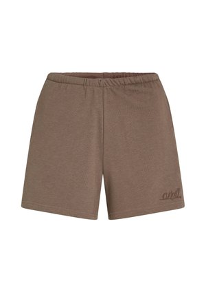 Braune Sportshorts aus weichem Stoff, mit einem elastischen Bund und einem kleinen gestickten Logo-Detail am linken Bein.
