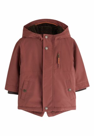 Kinder-Wintermantel in Rostfarbe mit Kapuze, Frontreißverschluss und Druckknöpfen, zwei Seitentaschen und Fleece-Futter in der Kapuze.