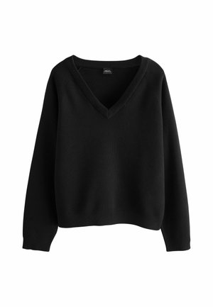 Schwarzer Langarm-Strickpullover mit V-Ausschnitt sowie gerippten Bündchen und Saum, auf weißem Hintergrund dargestellt.