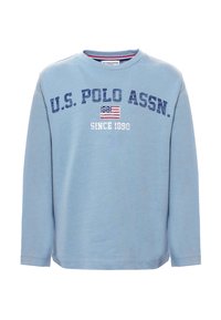 Maglietta a maniche lunghe blu chiaro in cotone, con collo a giro, stampa del logo frontale e dettaglio della bandiera americana ricamato.