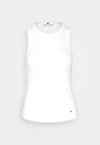 Canotta bianca a coste con scollo rotondo e senza maniche. Presenta un logo sul bordo, realizzata in materiale morbido ed elastico.