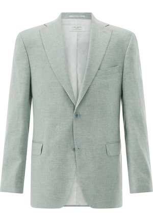 Hellgrüner, strukturierter Herrenblazer mit Kerbkragen, zwei vorderen Knöpfen, Pattentaschen und Brusttasche, gefüttert mit dezentem Muster.