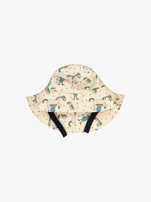 Chapeau seau beige clair orné de chevaux illustrés et de personnages avec des parapluies ; possède un large bord et des sangles noires ajustables pour un bon ajustement.