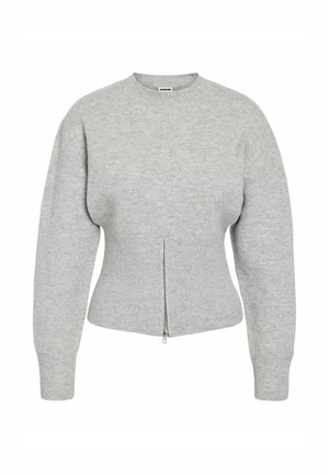 Pull en tricot gris à manches longues et fermeture éclair sur le devant. Présente une taille ajustée et un col rond, mettant en valeur une texture lisse.