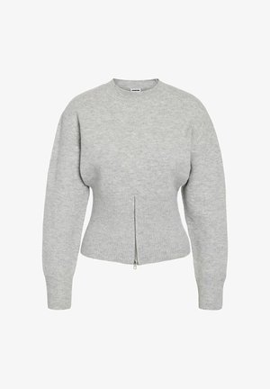 Pelēks adīts džemperis ar garām piedurknēm un rāvējslēdzēja priekšpusi. Tam ir pieguļošs viduklis un apaļa kakla izgriezuma forma, izceļot gludu tekstūru.