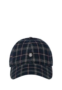 Navy plaid cap with white and burgundy lines, made of soft fabric. Features a pre-curved brim and a small black logo on the front.