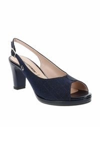 Décolleté blu navy con cinturino posteriore, punta aperta, tomaia in tessuto testurizzato, tacco basso a blocco e un'accortezza di fibbia in tonalità argento.