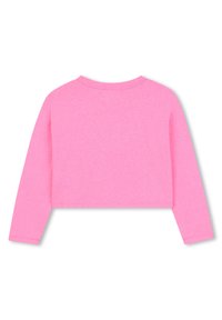 Roze lange mouwen cropped sweatshirt met een ronde hals, plat weergegeven en de achterkant op een witte achtergrond.