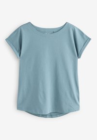 T-shirt décontracté bleu clair à manches courtes avec un col rond et un ourlet légèrement courbé, présenté à plat sur un fond blanc.