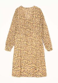 Vestido largo y vaporoso hecho de una tela ligera en un fondo amarillo con patrones florales multicolores. Presenta mangas largas y una cintura ceñida.