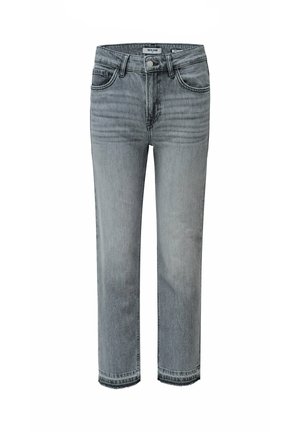 Jeans in denim grigio con design a gamba dritta, stile a cinque tasche e vita con bottone. Presentano una leggera sbiaditura e orlo standard.