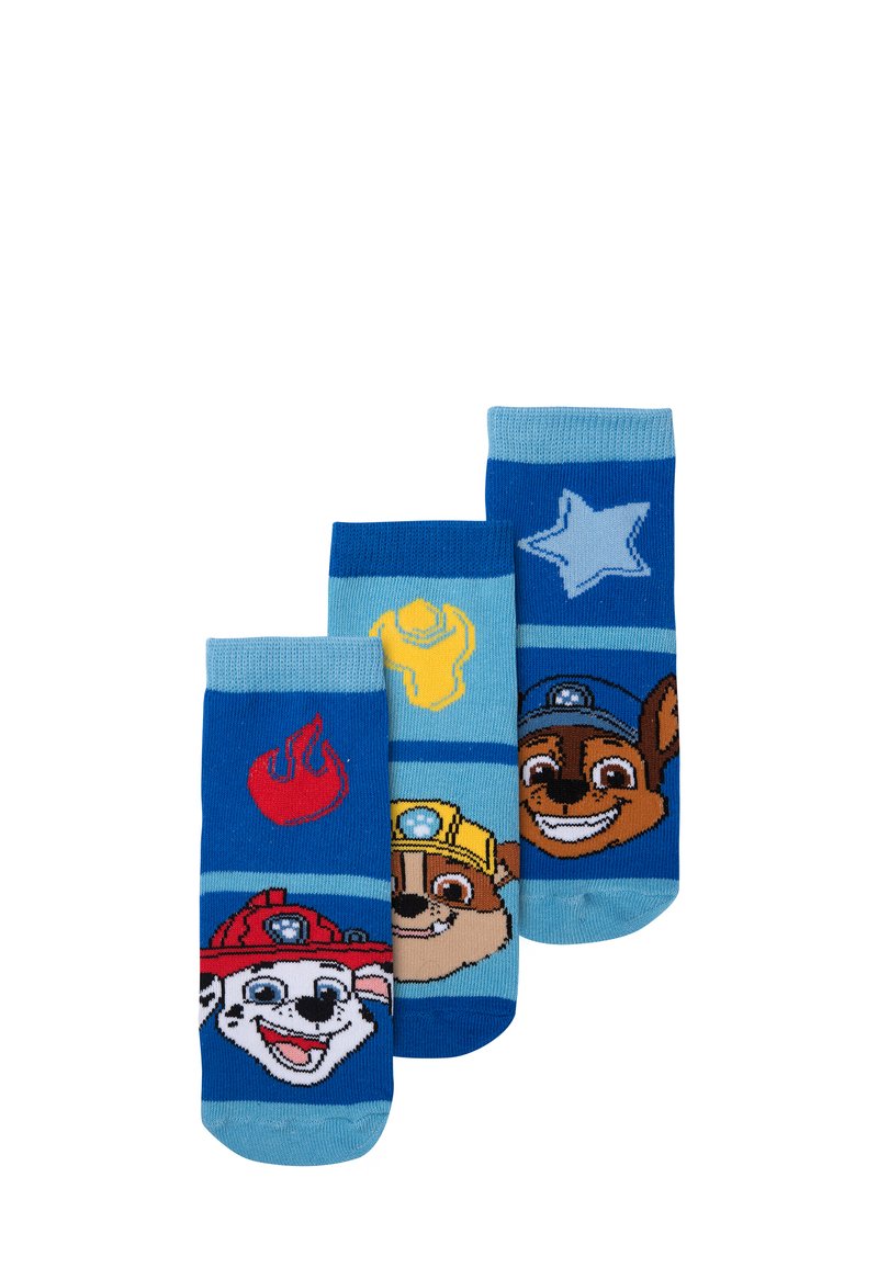 Set di calzini blu con design di personaggi dei cartoni animati. Un calzino presenta un simbolo di fuoco, il secondo ha uno sfondo azzurro chiaro e il terzo ha un motivo a stelle.