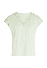 Zielona krótki rękaw t-shirt z dekoltem w kształcie litery V oraz dekoracyjnym włóczkowym wykończeniem wzdłuż dekoltu i szwów ramion. Miękka, fakturowana tkanina.