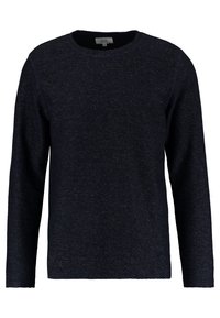 Suéter azul marino con mangas largas, escote redondo y acabado texturizado. Hecho de tela suave con sutiles reflejos. Corte regular.