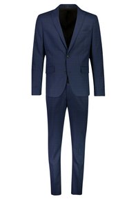 Dunkelblauer Anzug mit einem dezenten karierten Muster, bestehend aus einem Ein-Knopf-Blazer, zwei vorderen Taschen und passender maßgeschneiderter Hose.