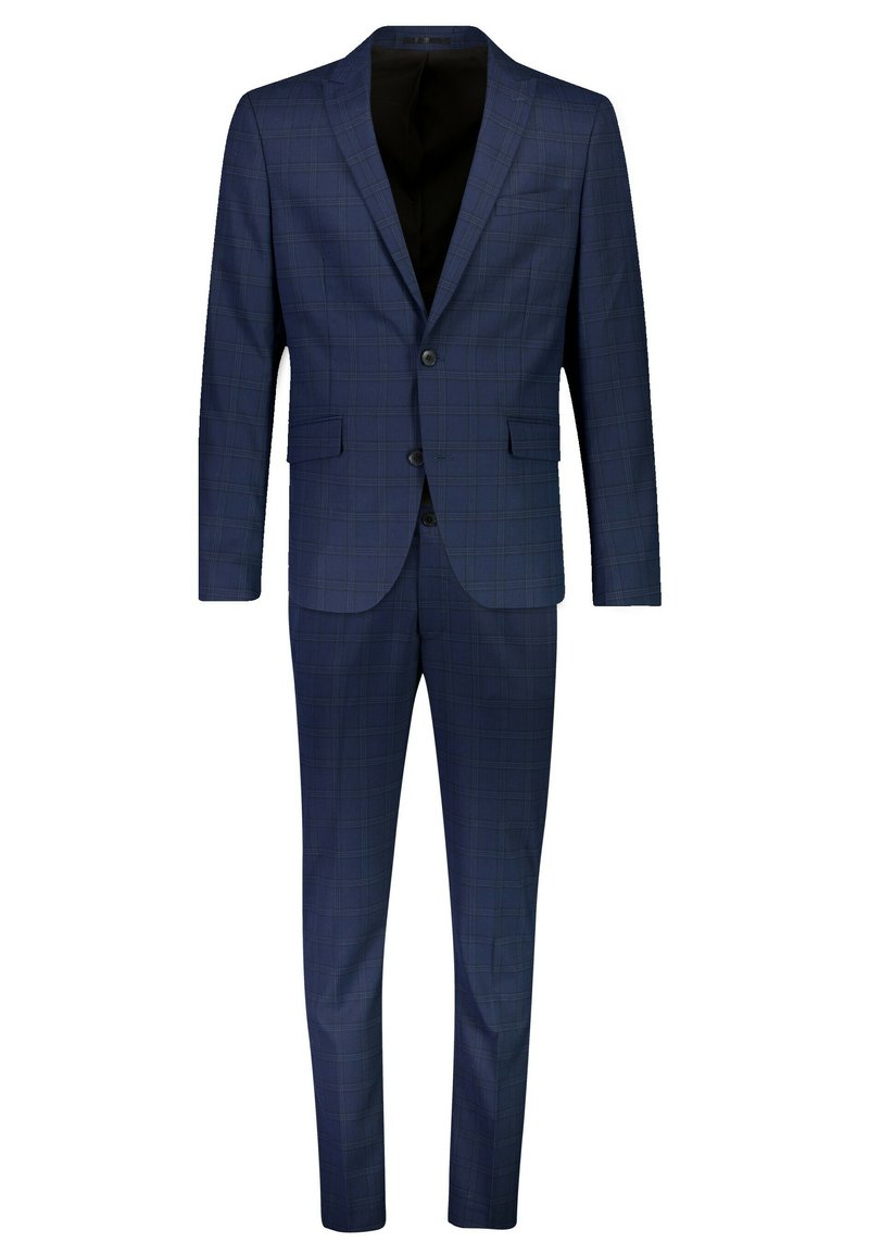Dunkelblauer Anzug mit einem dezenten karierten Muster, bestehend aus einem Ein-Knopf-Blazer, zwei vorderen Taschen und passender maßgeschneiderter Hose.