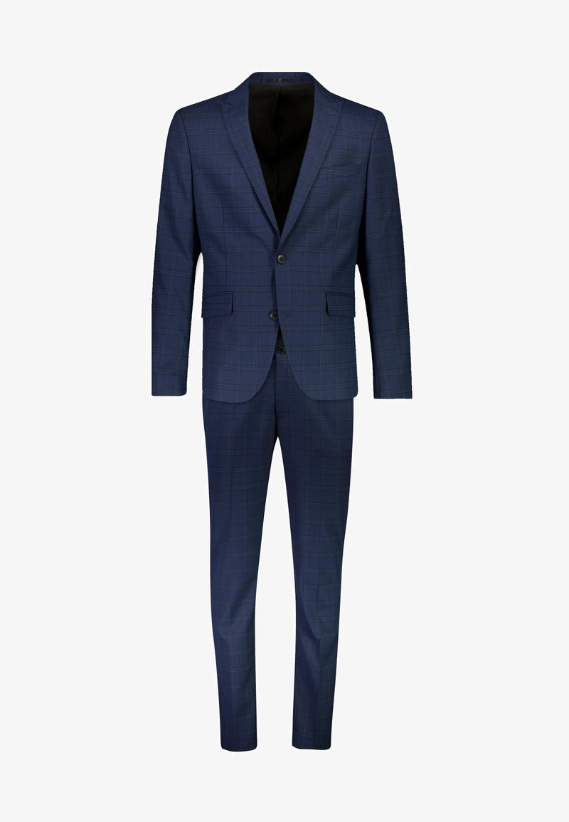 Dunkelblauer Anzug mit einem dezenten karierten Muster, bestehend aus einem Ein-Knopf-Blazer, zwei vorderen Taschen und passender maßgeschneiderter Hose.