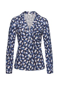 Camicia a maniche lunghe in tessuto blu navy con un motivo di pennellate blu chiare e scure. Presenta un colletto e bottoni frontali, con una tasca sul petto.