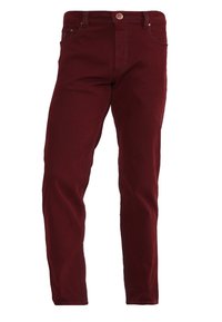 Pantaloni in denim cotone bordeaux con una vestibilità slim, dotati di un bottone anteriore, cinque tasche e dettaglio di cuciture a contrasto.