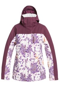 Damjacka med huva, lila enfärgad överdel och ärmar, blommönstrad kropp i vitt och lila, fram zip, samt ficka på bröstet med dragkedja.