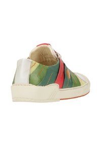 Multicolored leather sneaker featuring green, red, and white accents, with a rounded toe, stitched detailing, and a solid rubber sole.