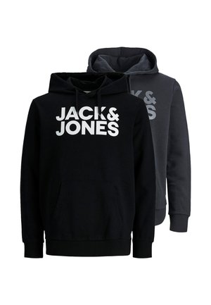 Dwie męskie bluzy z kapturem, jedna czarna, druga ciemnoszara, obie z dużym logo "JACK & JONES" na piersi.