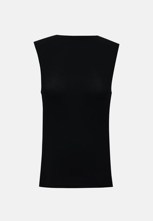 Czarny dopasowany top bez rękawów z okrągłym dekoltem, wyświetlany na jednolitym jasnoszarym tle.