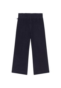 Pantaloni in velluto a coste blu navy con design a gamba larga, caratterizzati da un motivo a righe verticali testurizzate e una vita elasticizzata per il massimo comfort.