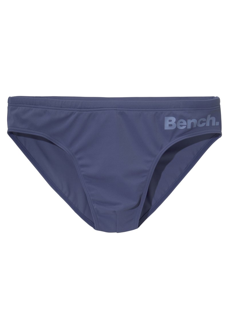 Marineblaue Bikinihose aus glattem, dehnbarem Material. Sie hat ein Logo in hellgrau an der Seite und einen klassischen Schnitt mit elastischem Bund.
