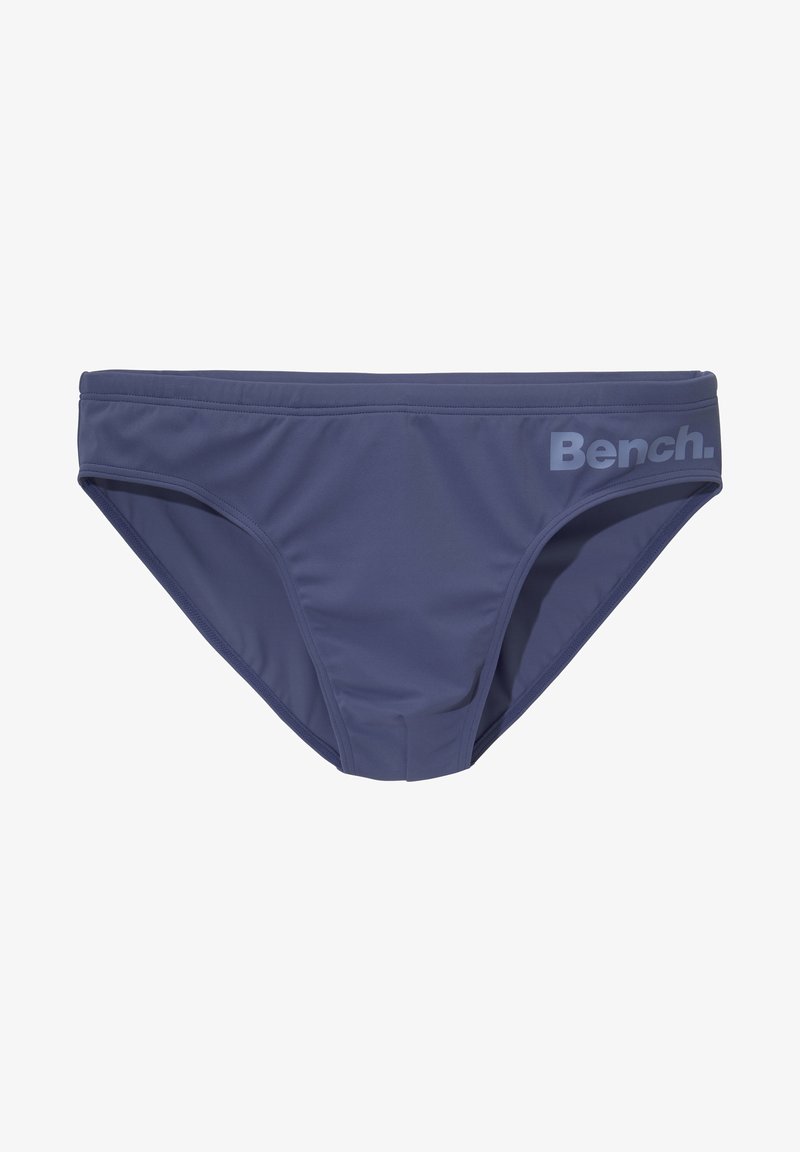 Marineblaue Bikinihose aus glattem, dehnbarem Material. Sie hat ein Logo in hellgrau an der Seite und einen klassischen Schnitt mit elastischem Bund.