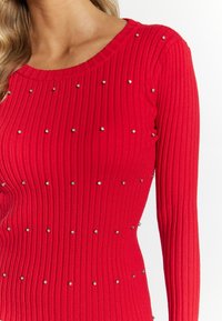 Haut à manches longues rayé rouge avec des embellissements en clous argentés répartis sur le tissu. Encolure ronde avec une finition texturée.