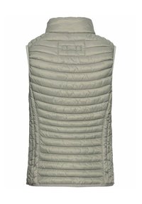 Jasnoszara, puchowa kamizelka z wysokim kołnierzem i pikowanym wzorem. Posiada poziome szwy, zamki błyskawiczne oraz metkę z logo z tyłu.