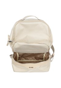 Beige Rucksack aus strapazierfähigem Stoff mit einem Reißverschluss. Verfügt über ein geräumiges Innenfach mit glattem Futter und einer Seitentasche.