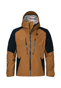 Wasserfeste Jacke mit einem braunen und marineblauen Farbschema. Hergestellt aus strukturiertem Stoff mit zwei Frontreißverschlüssen und verstellbarem Kapuzen. Reflexelemente inklusive.