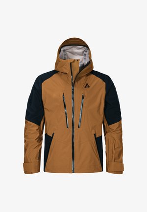 Wasserfeste Jacke mit einem braunen und marineblauen Farbschema. Hergestellt aus strukturiertem Stoff mit zwei Frontreißverschlüssen und verstellbarem Kapuzen. Reflexelemente inklusive.