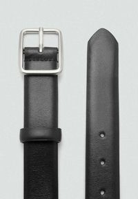 Black leather belt with a silver metal buckle. The strap is smooth with a pointed end and multiple adjustment holes. A keeper is present.