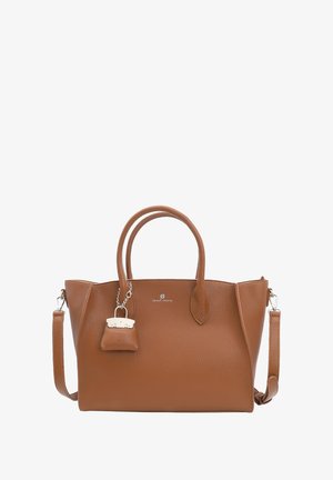 Borsa a mano in pelle marrone con finitura texture, dotata di manici doppi e tracolla removibile. Presenta un piccolo ciondolo a forma di lucchetto e un branding discreto sul davanti.