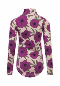 Long-sleeve top made of soft fabric, featuring a beige background, covered in large purple flowers and green leaves, with a high collar.