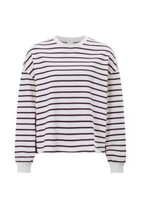 Felpa bianca a maniche lunghe con strisce orizzontali bordeaux, scollo tondo e polsini arricciati sulle maniche. Materiale morbido in misto cotone.