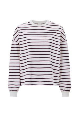 Balta garām piedurknēm džemperis ar bordo horizontālām svītrām, apaļu apkakli un volāniem piedurkņu galiem. Mīksts kokvilnas maisījuma materiāls.