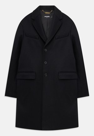 Abrigo de lana negro con solapa muesca, diseño de un solo pecho, tres botones, dos bolsillos frontales y estética minimalista.