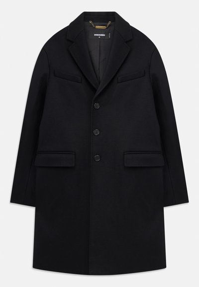 Manteau en laine noir avec revers cranté, conception à un bouton, trois boutons, deux poches avant et esthétique minimaliste.