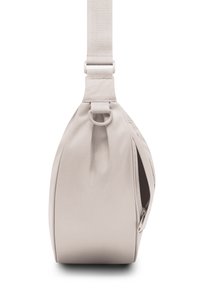 Világos bézs színű, lekerekített formájú vászontáska, puha anyagból készült. Zipzáros zsebével és állítható pántjával rendelkezik, sima szerkezettel.