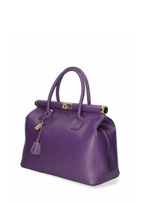 Paarse leren handtas met een gestructureerde vorm, bovenhandvaten en een gouden hardware accent. Een opmerkelijk detail is een slot aan de zijkant.