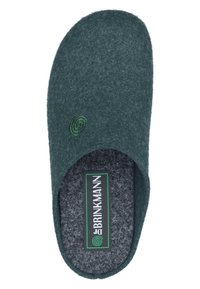 Green felt slipper with an open back, featuring a textured insole and a circular logo accent. Fabric is soft and plush, providing comfort.