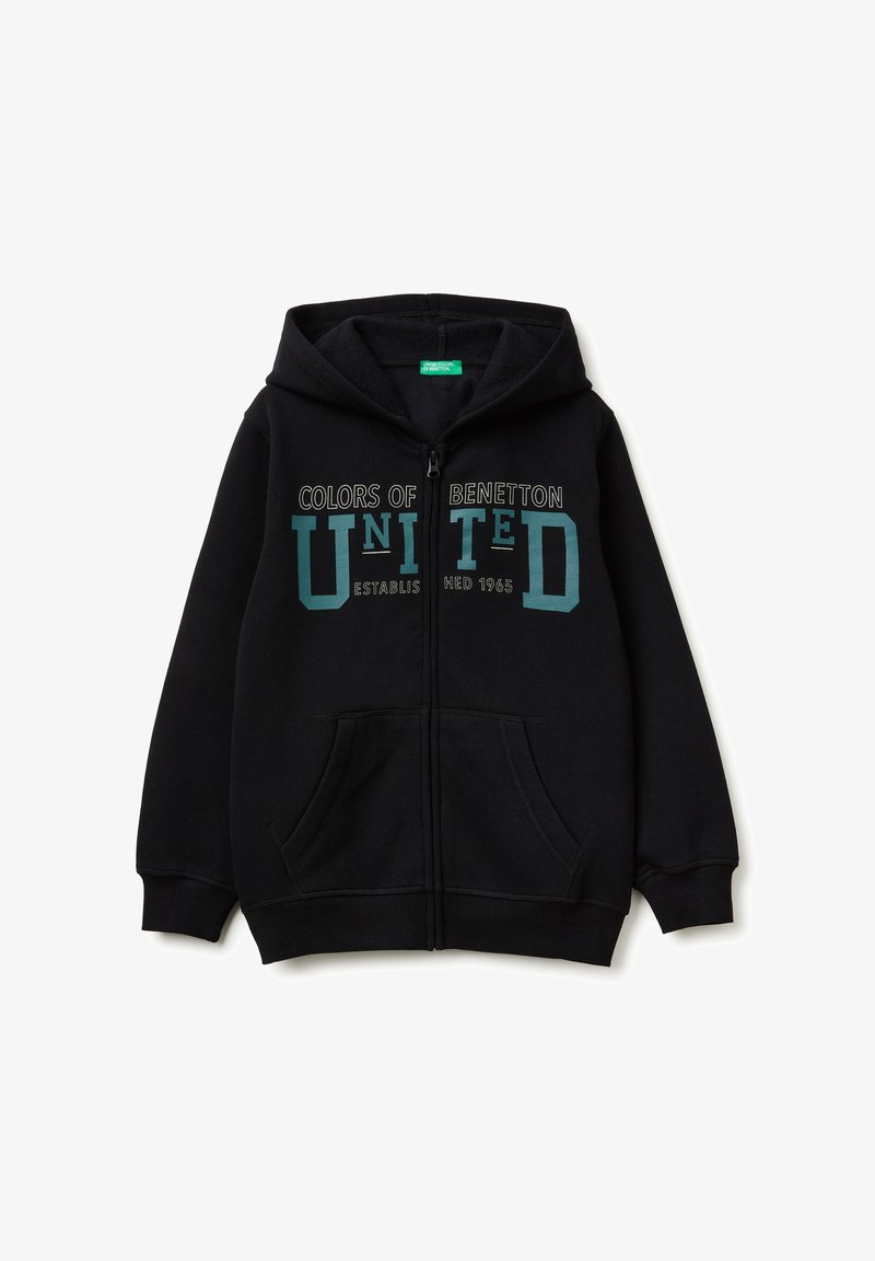 Black zip-up hoodie with a front pocket. Features a teal graphic print saying "COLORS OF BENETTON UNITED ESTABLISHED 1965" on the chest.