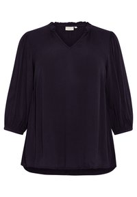Blusa morada oscura con escote en V y cuello con volantes. Presenta mangas acampanadas de tres cuartos y un corte holgado. Textura suave, detalles mínimos.